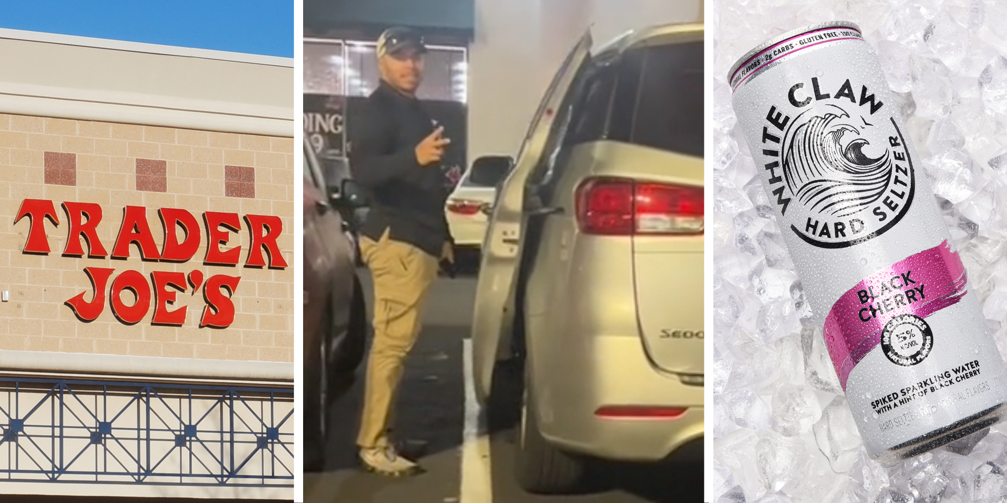 Trader Joe's(l), Man giving peace sign by mini van(c), White claw on ice(r)