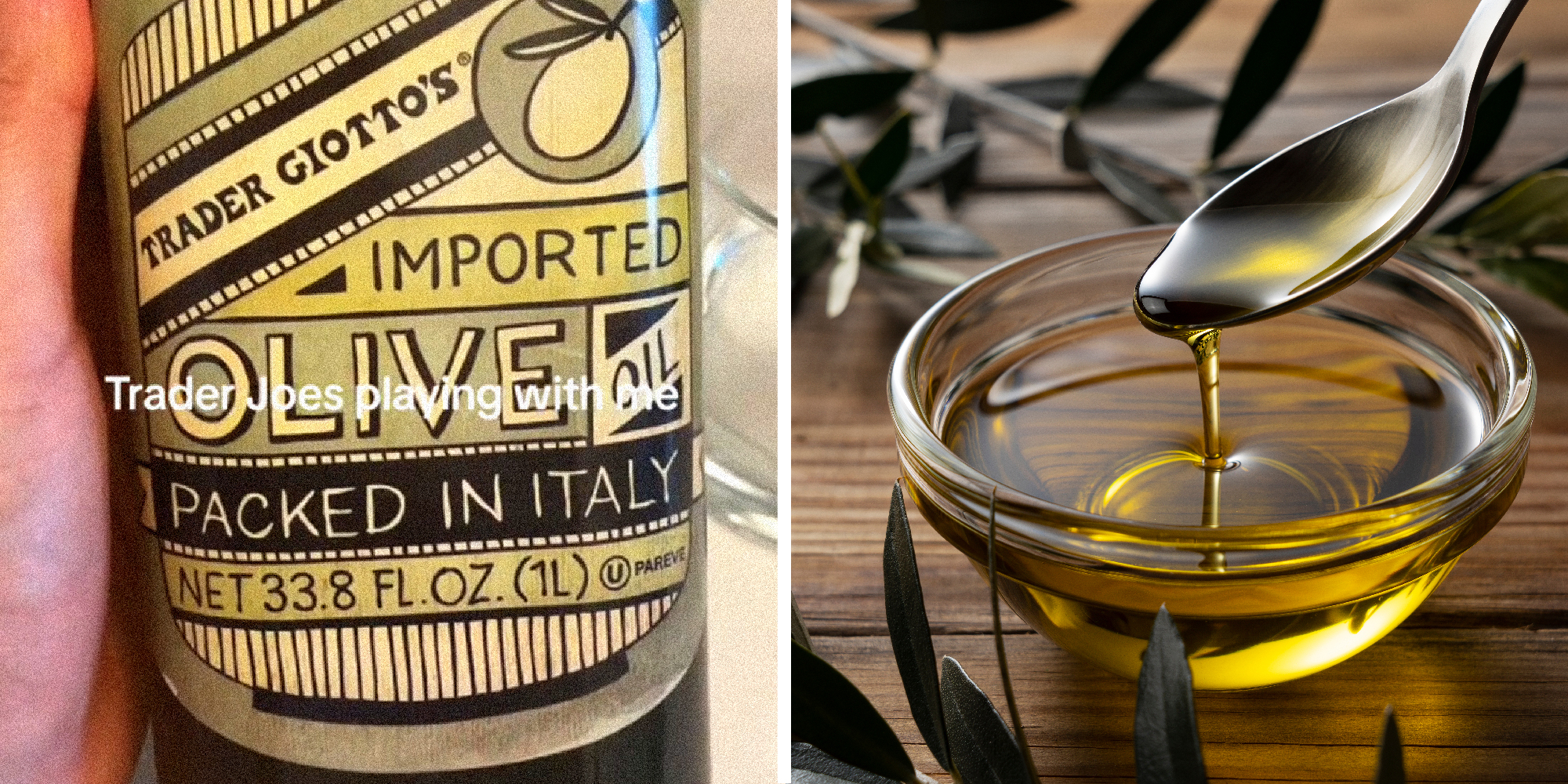 2 panel image showing a bottle of Trader Joe's Olive Oil and a stock photo of dark olive oil on a rustic table.