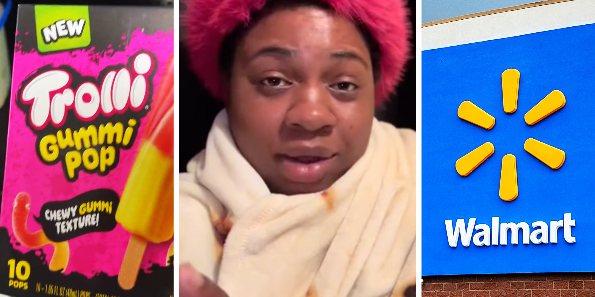 Trolli Gummi Pop box(l), Woman talking(c), Walmart sign(r)