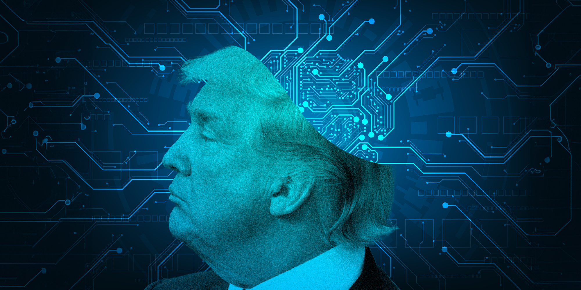 Photo collage of Donald Trump and a brain with circuits snaking out of his head.