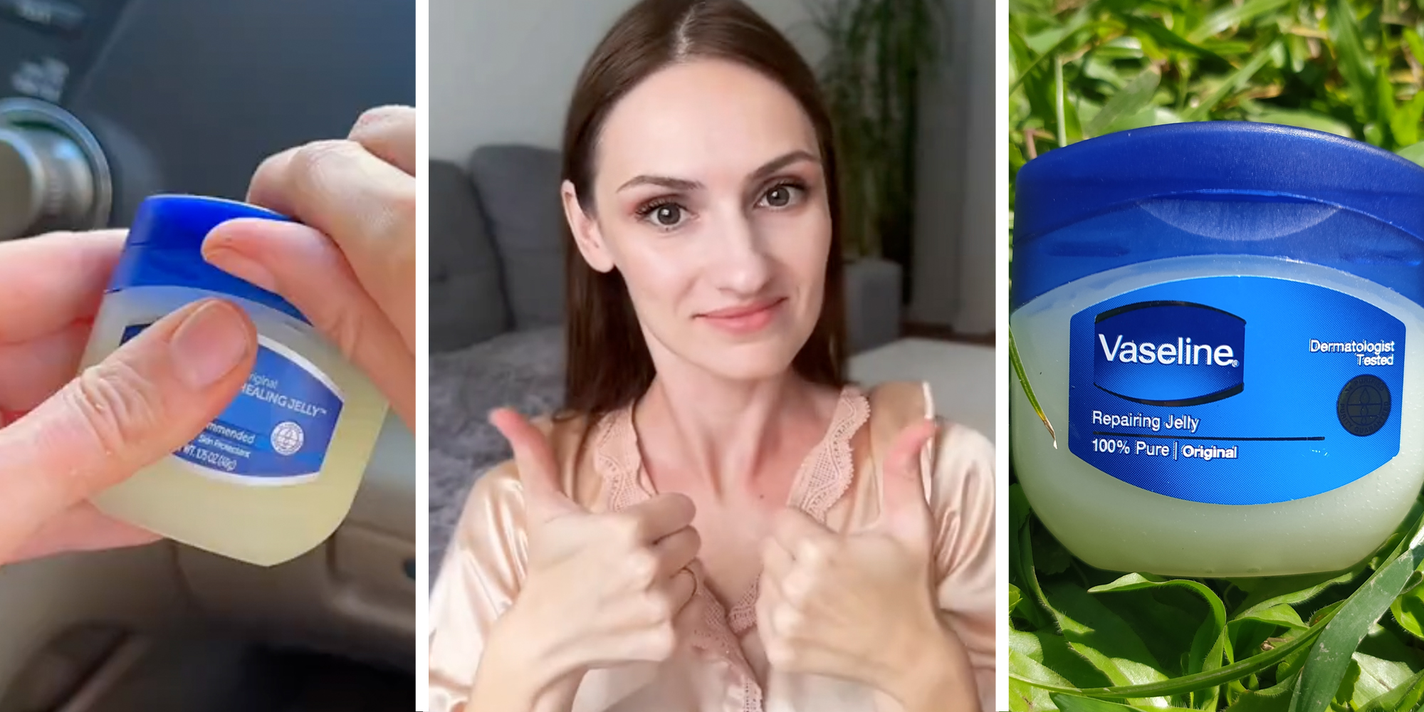 Hands opening vaseline(l), Woman with thumbs up(c), Vaseline tub on grass(r)