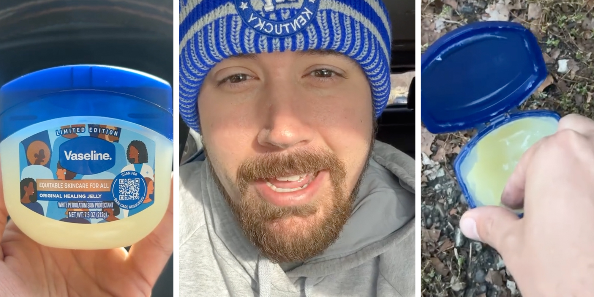 Vaseline tub(l), Man talking(c), Hand dipping into open tub(r)