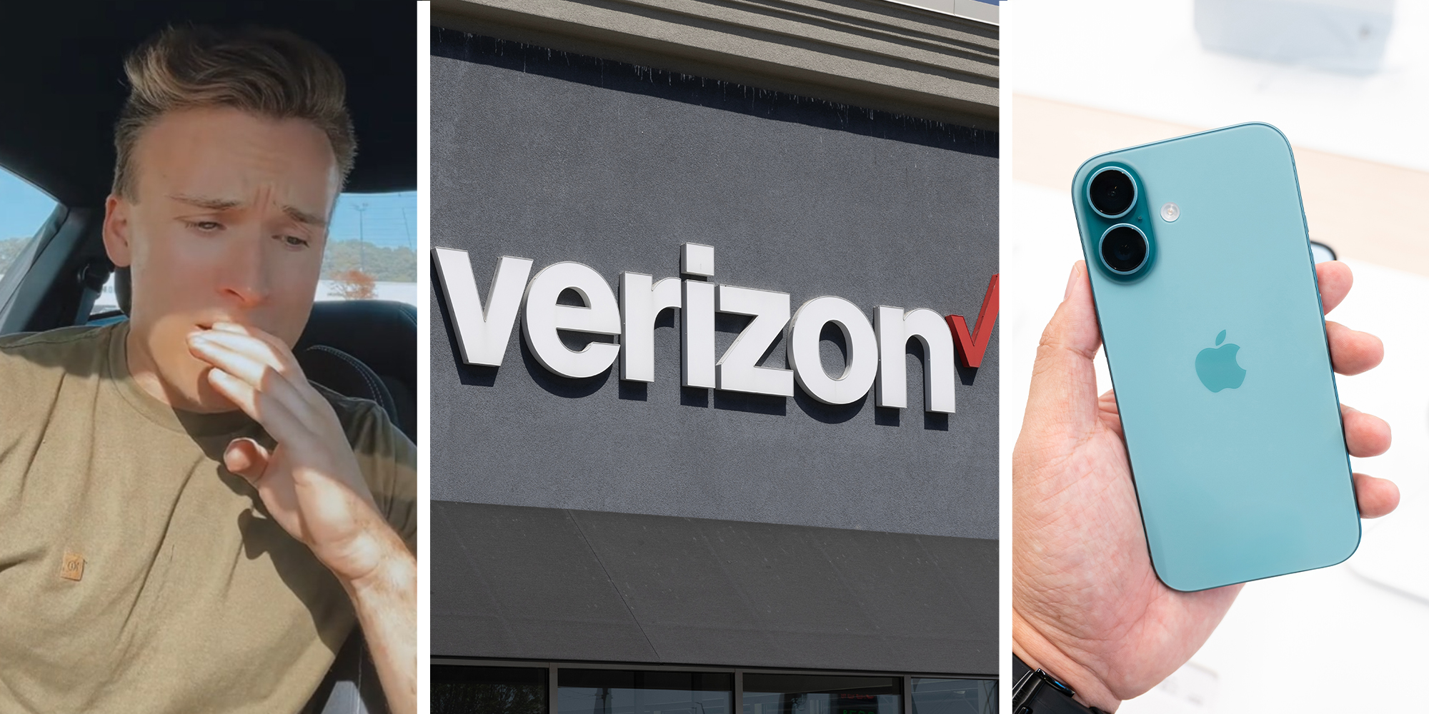 Man looking disappointed(l) Verizon Store Sign on Building(c) iPhone 16 teal color
