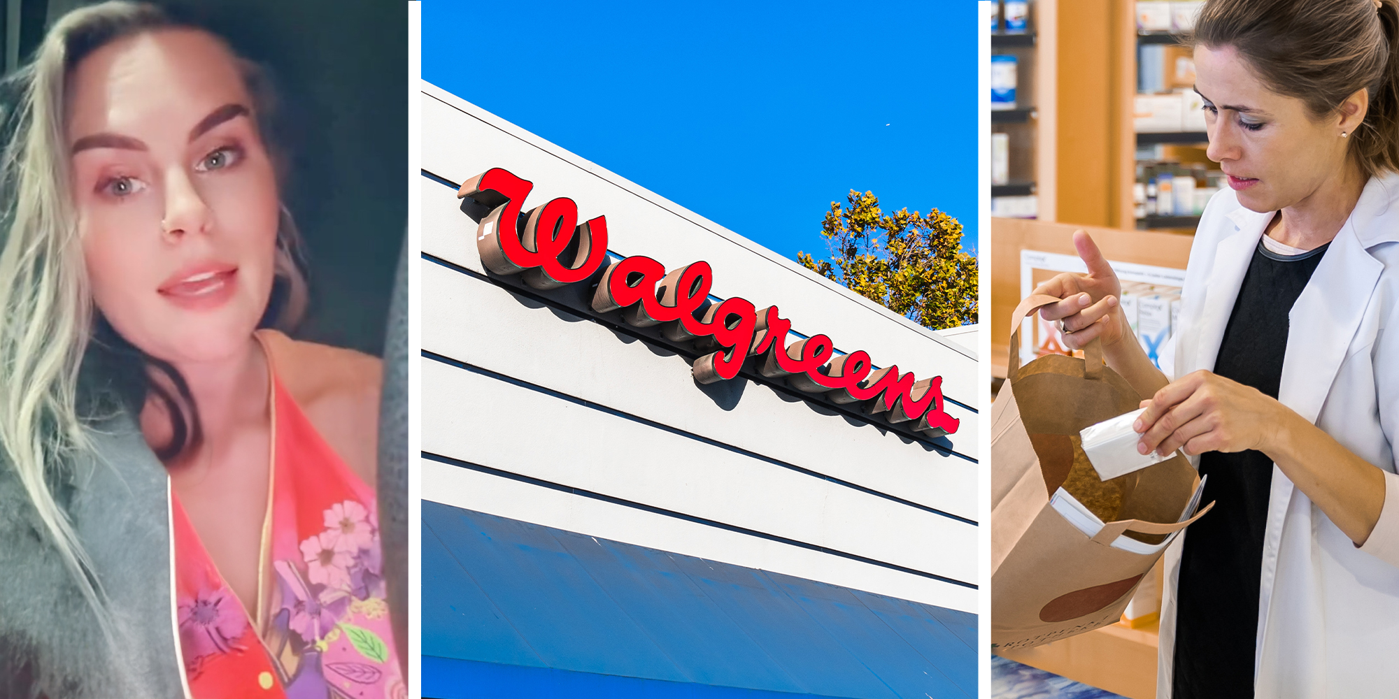 Woman sharing her Walgreens experience(l) Walgreens Store Front(c) Doctor putting medication in bag(r)