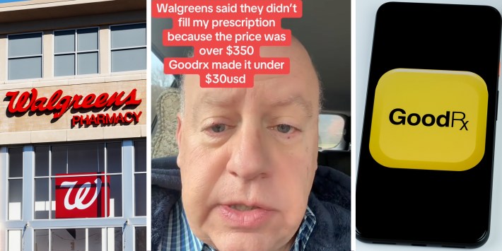 Walgreens storefront(l), Man talking with text that says "Walgreens said they didn't fill my prescription because the price was over $350. GoodRX made it under $30usd"(c), Good RX on phone(r)