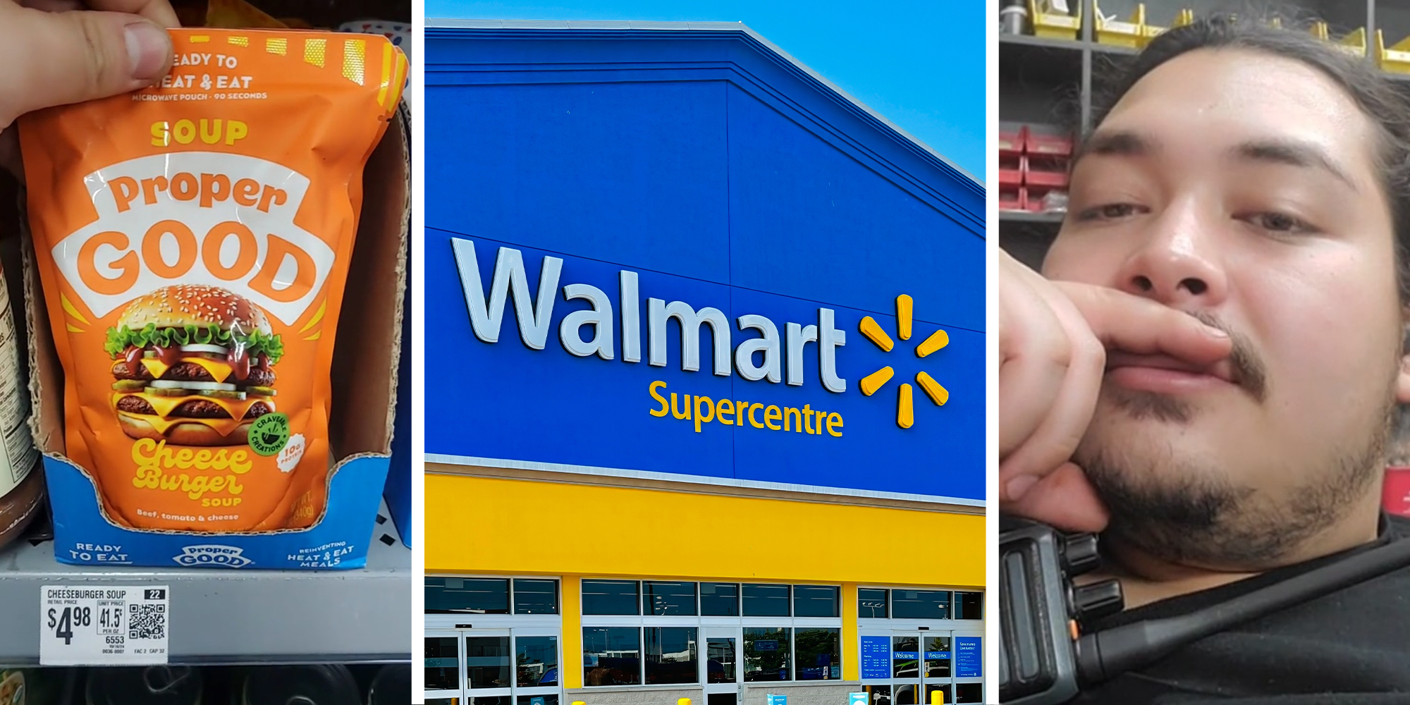 Proper Good(l) Walmart Store Front(c) Man sharing what he found at walmart(r)