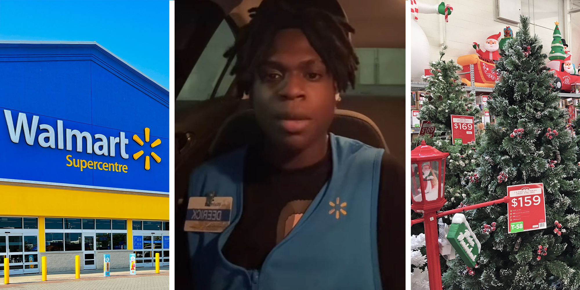 Walmart Super Store(l) Walmart Employee(c) Christmas Tree at Walmart(r)