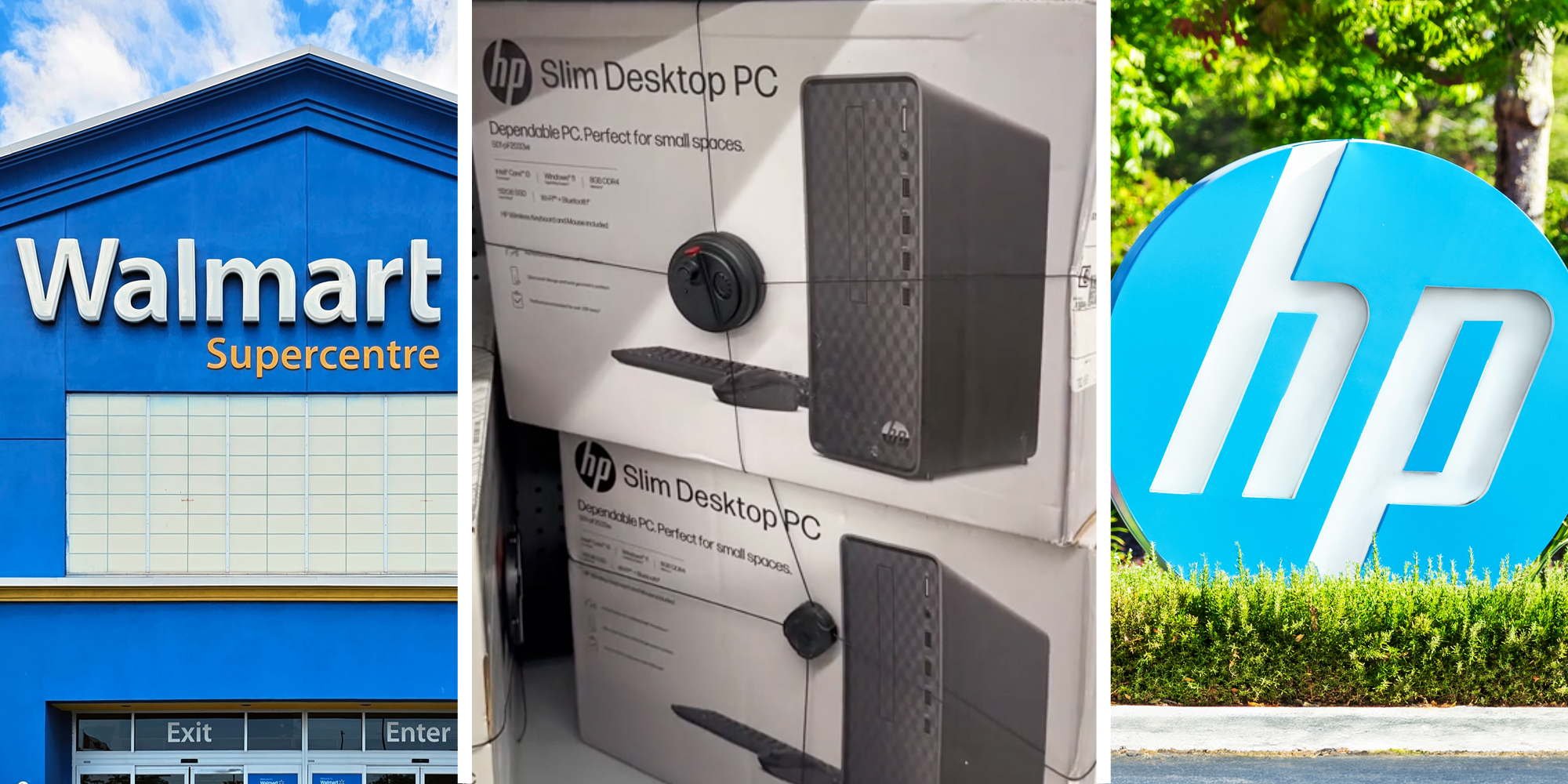 Walmart storefront(l), Stacks of HP desktops in boxes(c), HP sign(r)