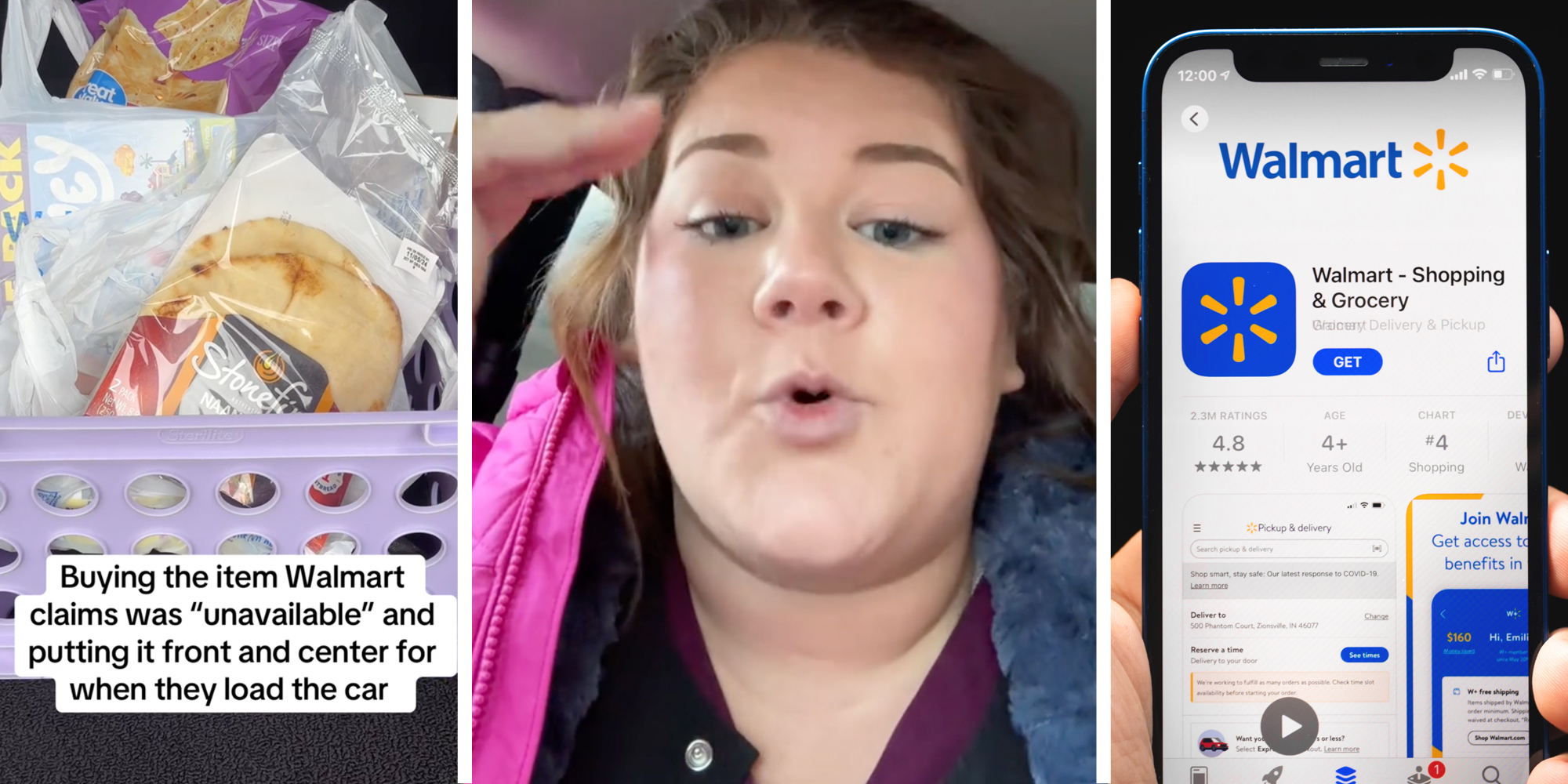 Basket of food with text that says "Buying the item Walmart claims was "unavailable" and putting it front and center for when they load the car."(l), Woman talking(c), Walmart App on phone(r)