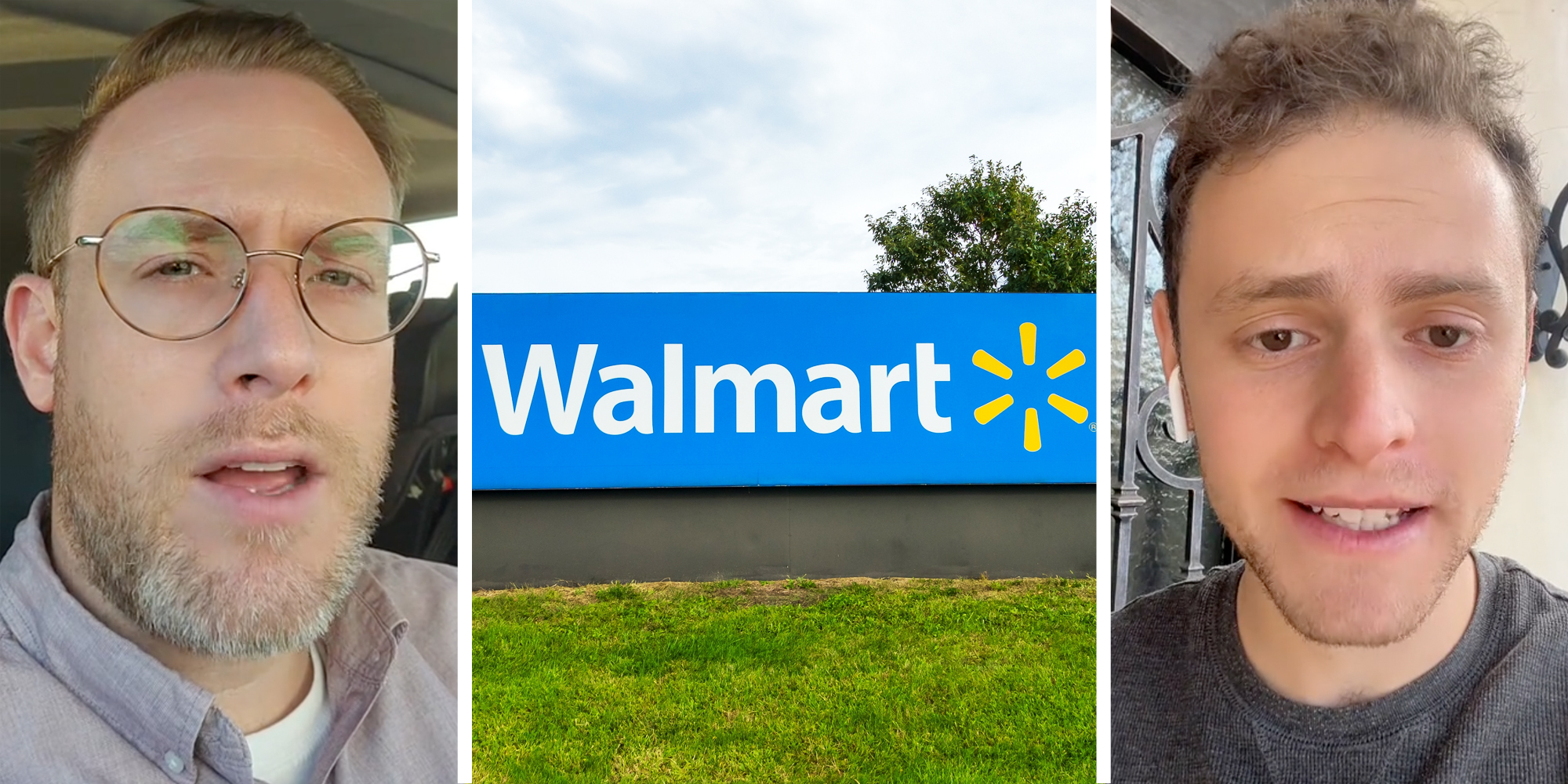 Man 1 talking(l), Walmart sign(c), Man 2 talking(r)