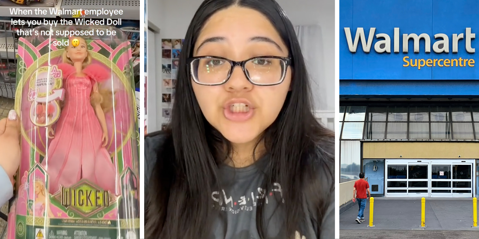 Hand holding Walmart doll with text that sounds "When the Walmart employee lets you buy the Wicked Doll that's not supposed to be sold"(l), Woman talking(c), Walmart storefront(r)