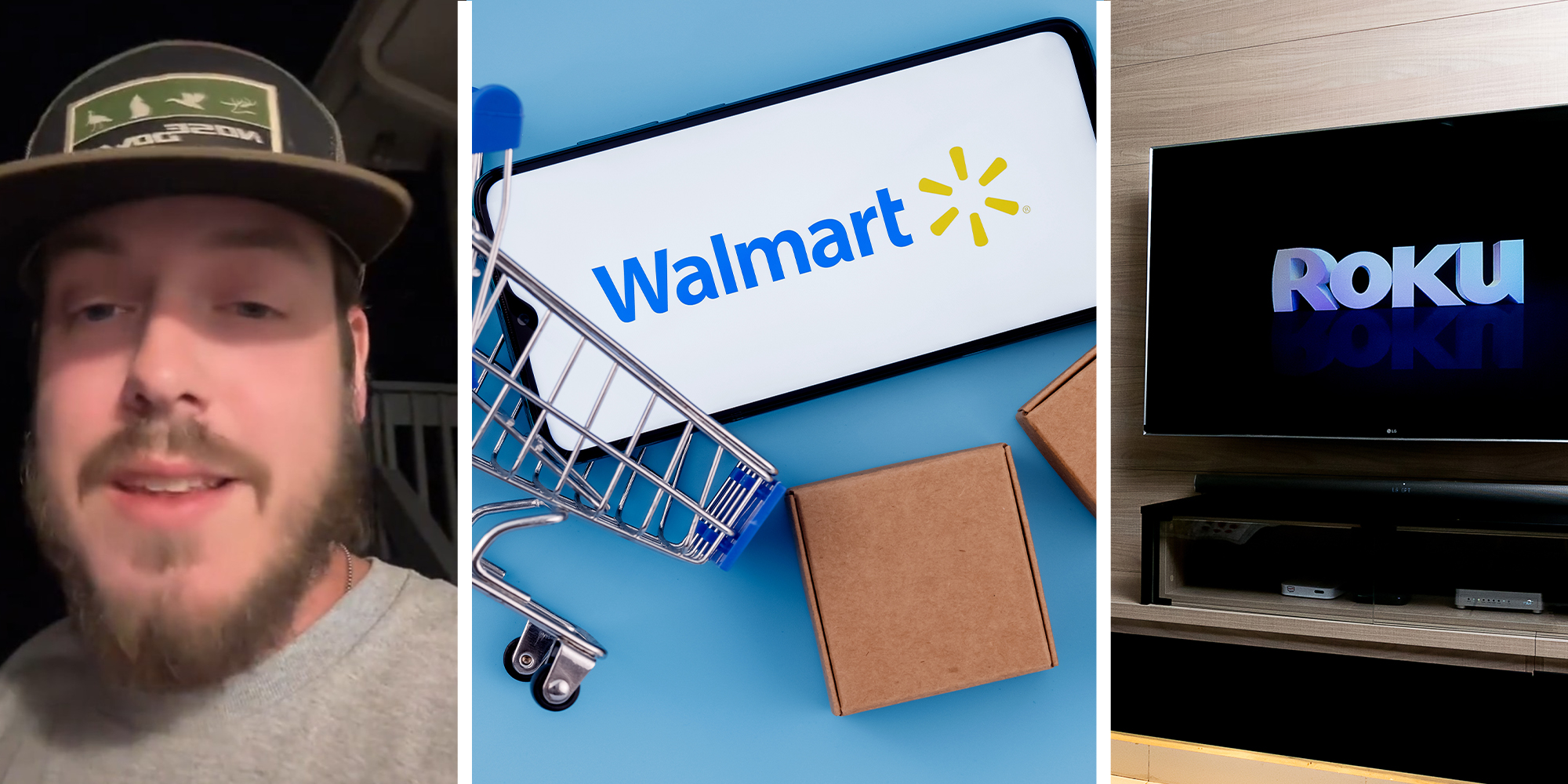 Man sharing opinions on 85 inch Tv(l) Walmart on Phone Display surrounded by toy cart and boxes(c) Roku Tv (r)