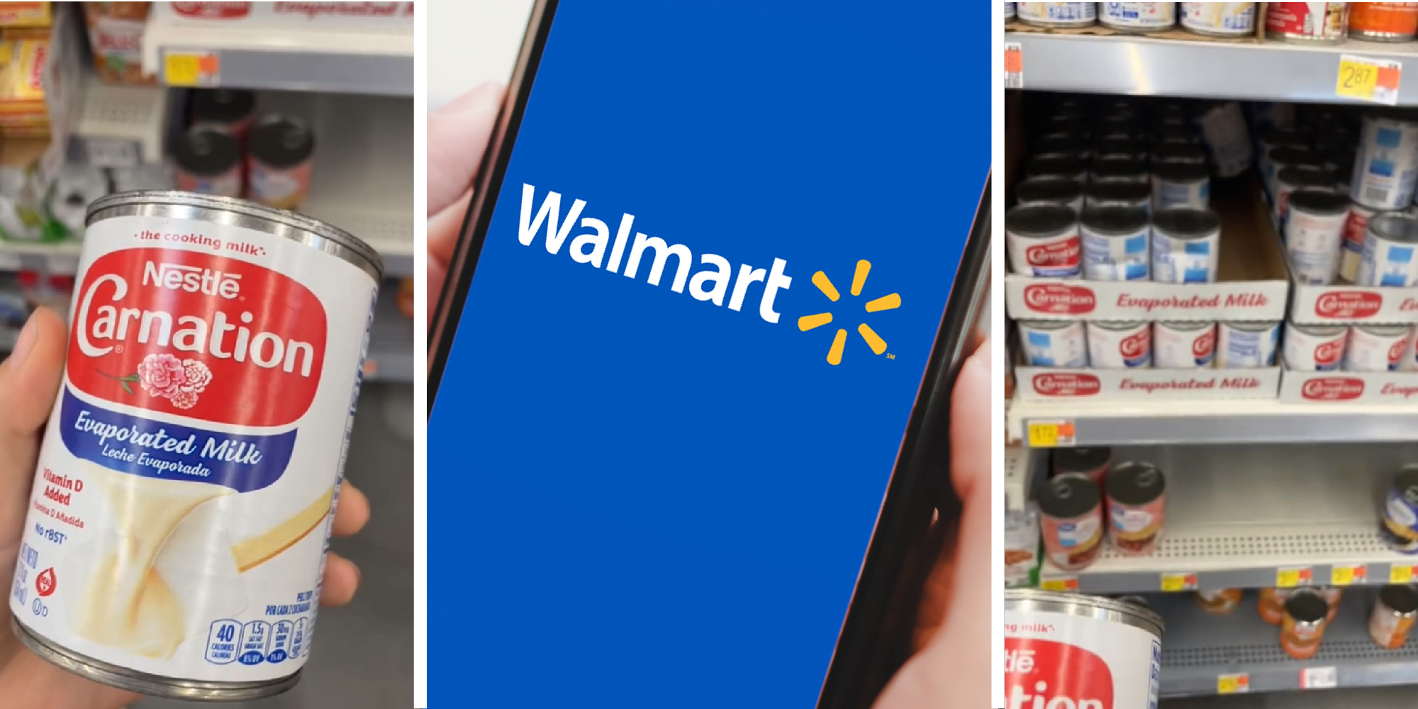 3 panel image, on the sides we see a hand holding a can of evaporated milk in a Walmart aisle. In the middle is the Walmart all on a cell phone.