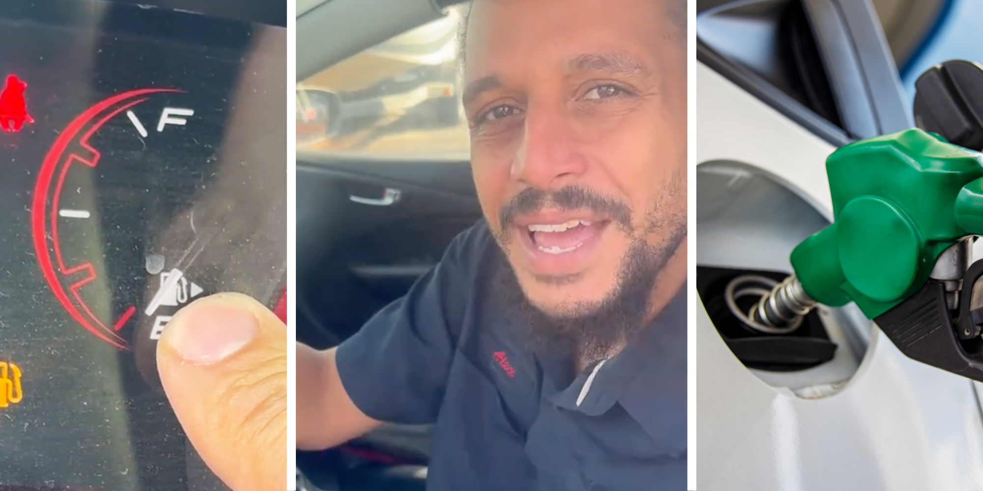 Finger pointing to empty tank(l), Man talking(c), Gas pump in car(r)