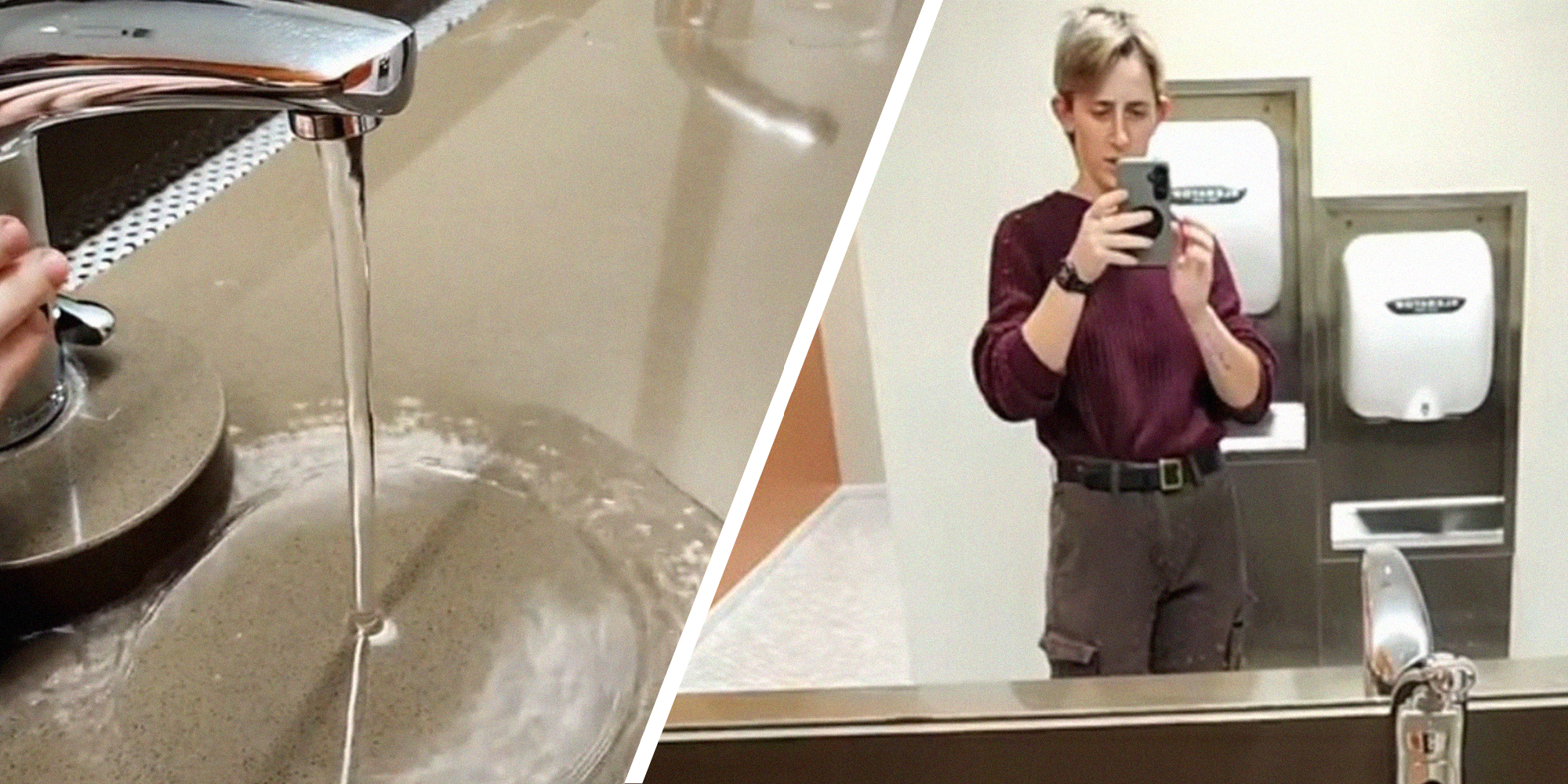 Faucet pouring out water(l) Person taking a selfie video inside of bathroom(r)