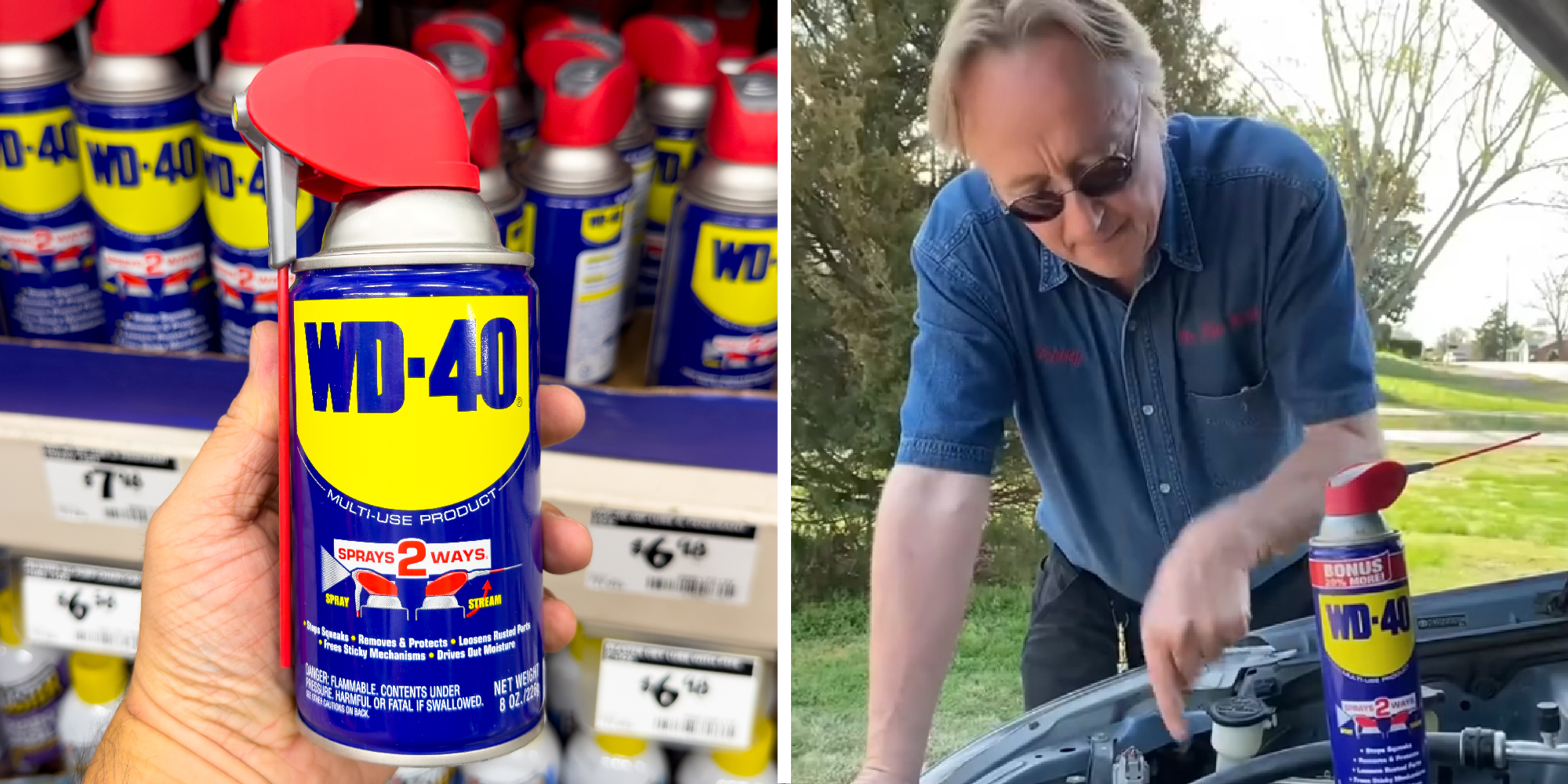 2 panel image: on the left is a can of Wd-40 Spray in the store, on the right we see a mechanic under the hood of a car with the spray.