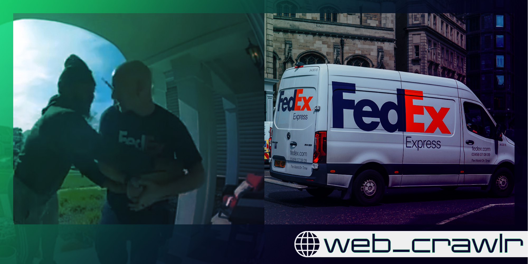 A person next to someone next to a FedEx van. The Daily Dot newsletter web_crawlr logo is in the bottom right corner.
