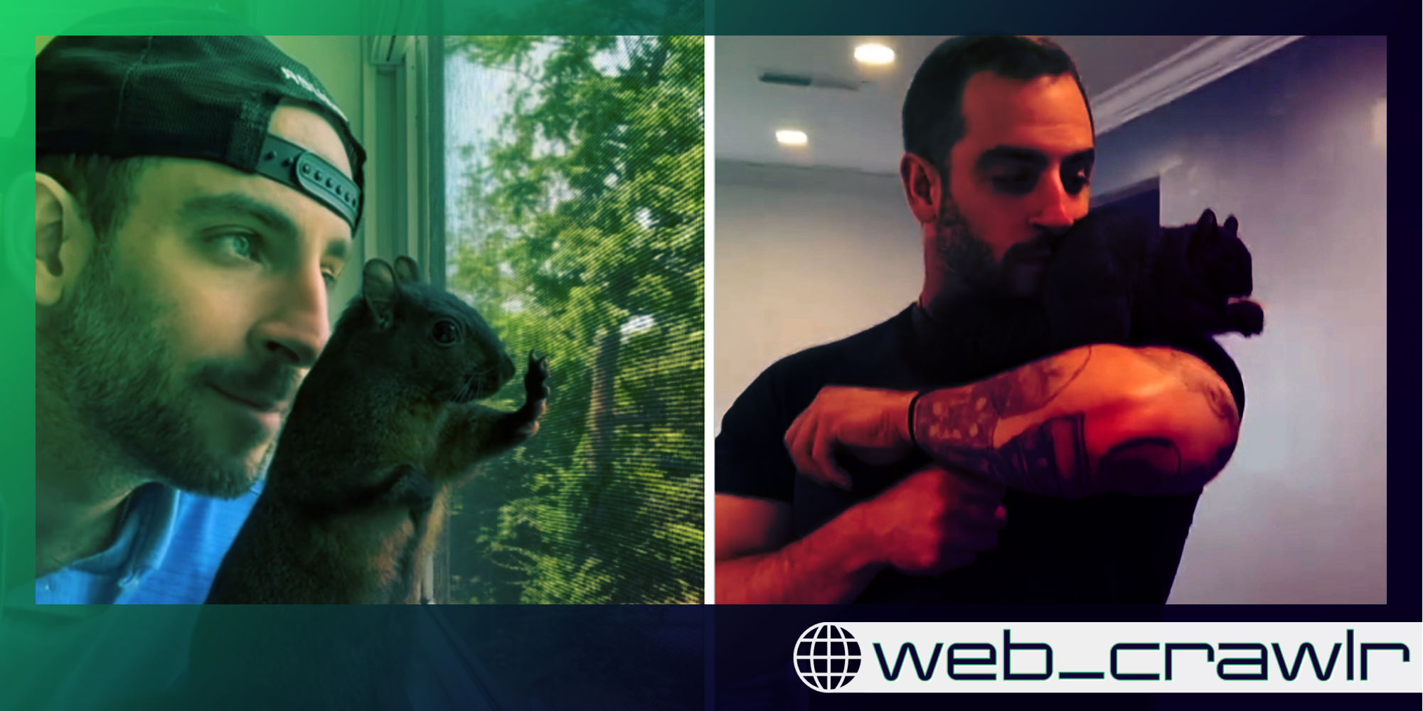 A person and a squirrel. The Daily Dot newsletter web_crawlr logo is in the bottom right corner.