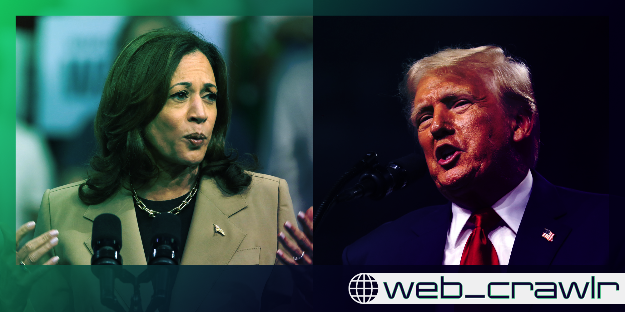 Kamala Harris and Donald Trump. The Daily Dot newsletter web_crawlr logo is in the bottom right corner.