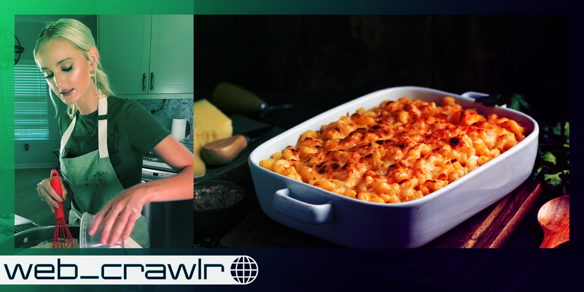 A woman in a kitchen next to a tray of mac and cheese. The Daily Dot newsletter web_crawlr logo is in the bottom left corner.
