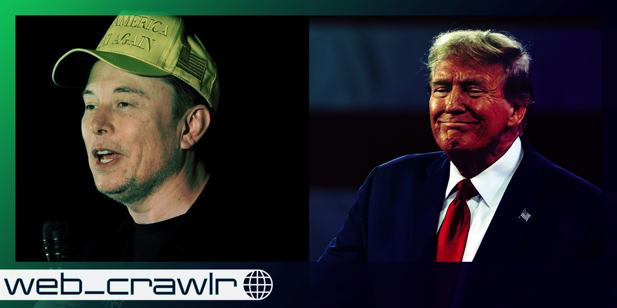 Elon Musk and Donald Trump. The Daily Dot newsletter web_crawlr logo is in the bottom left corner.