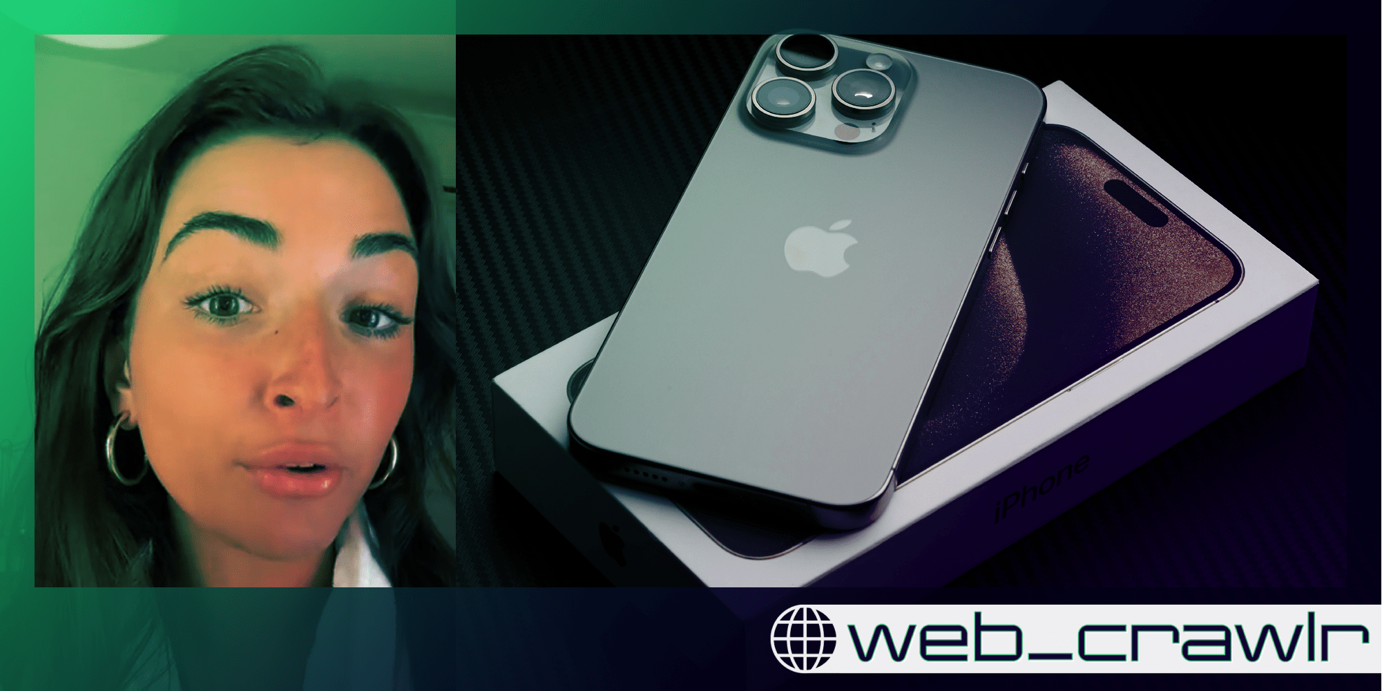 A woman looking at the camera next to an iPhone and a box. The Daily Dot newsletter web_crawlr logo is in the bottom right corner.
