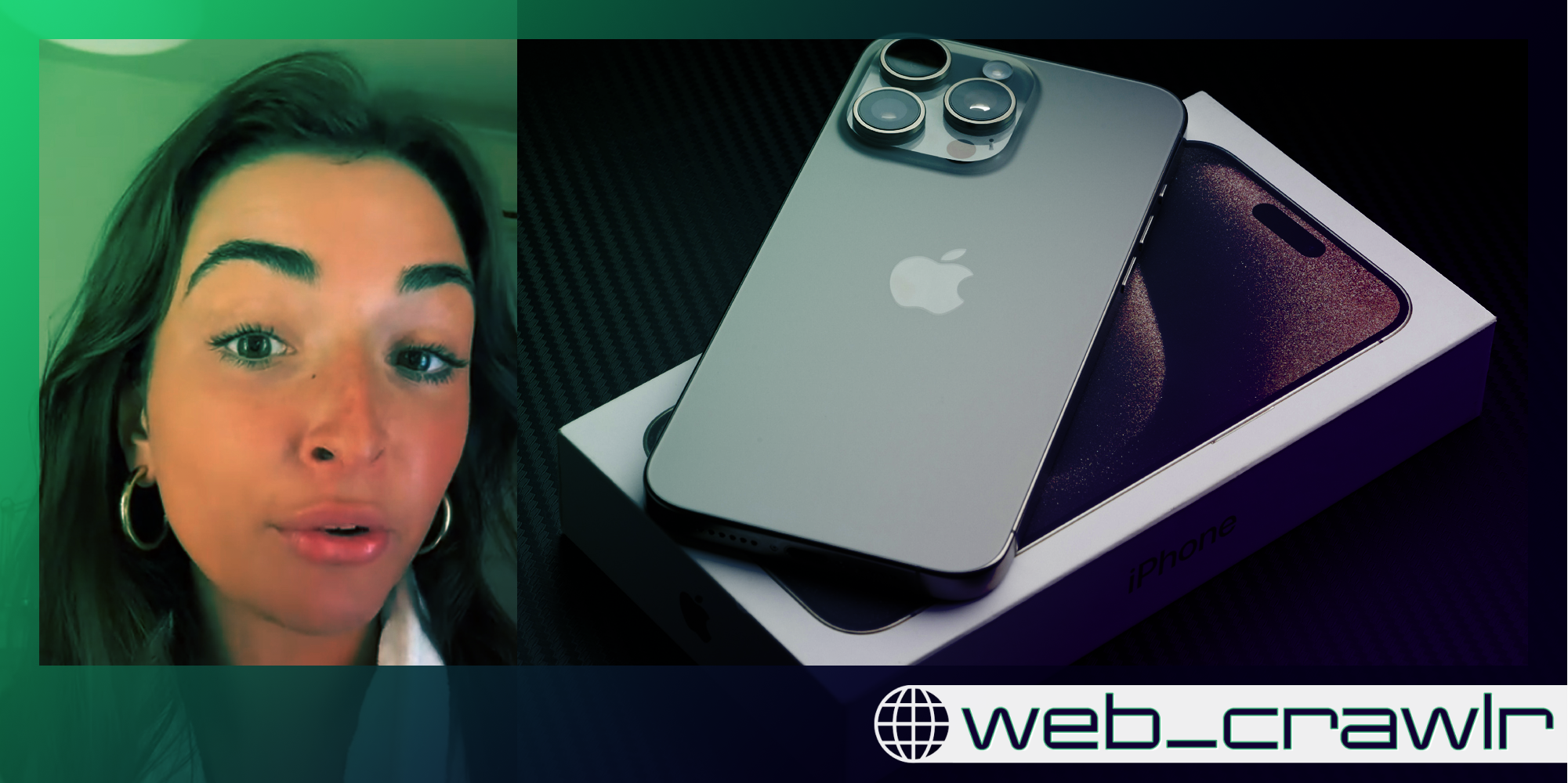A woman looking at the camera next to an iPhone and a box. The Daily Dot newsletter web_crawlr logo is in the bottom right corner.
