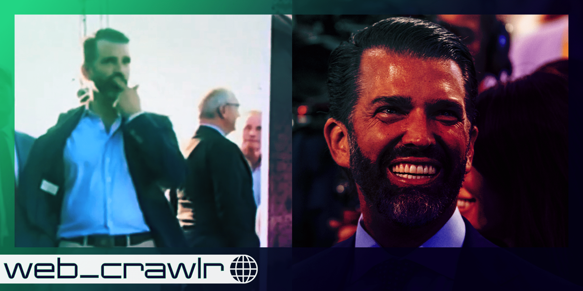 Donald Trump Jr with his finger in his mouth next to him smiling. The Daily Dot newsletter web_crawlr logo is in the bottom left corner.