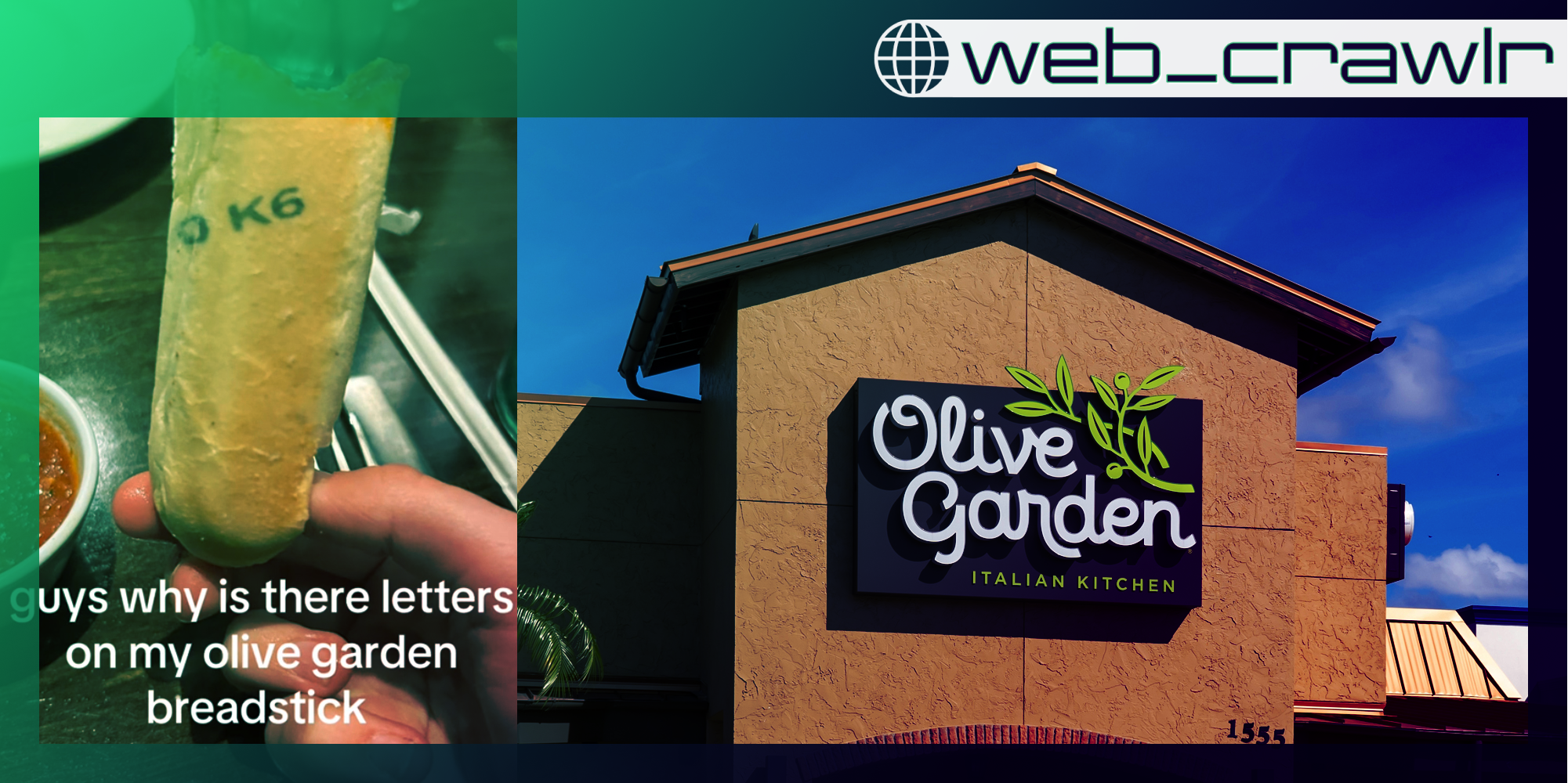 A breadstick and the sign of an Olive Garden restaurant. The Daily Dot newsletter web_crawlr logo is in the top right corner.