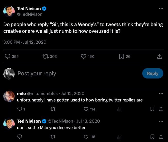 A tweet about the ubiquity of people saying "Sir this is a Wendy's" on X, formerly twitter