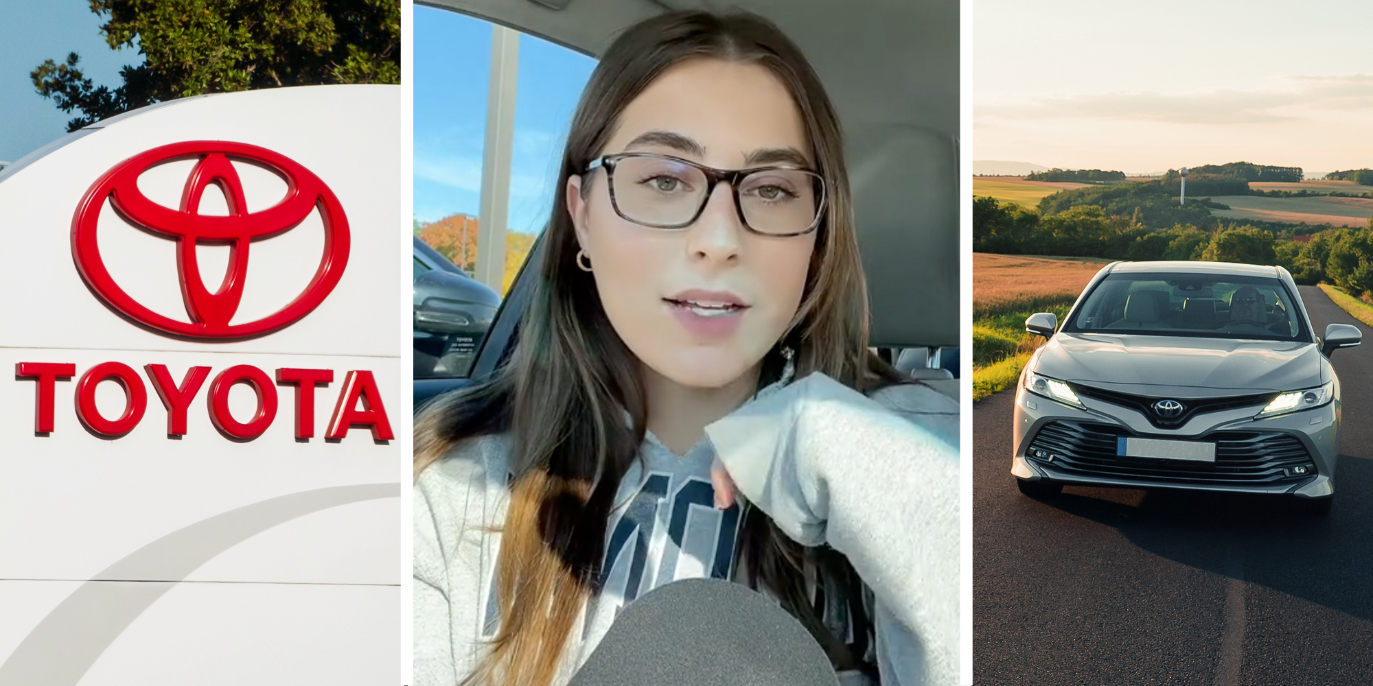 Toyota sign(l), Woman talking(c), Car on road(r)