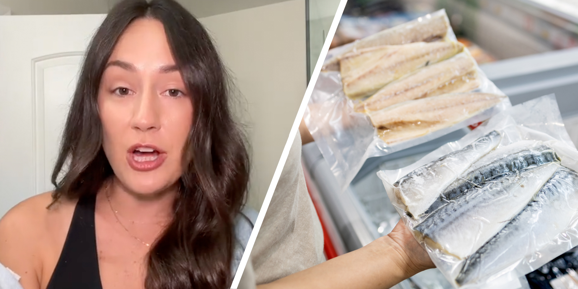 Woman talking(l), Hands holding frozen seafood(r)