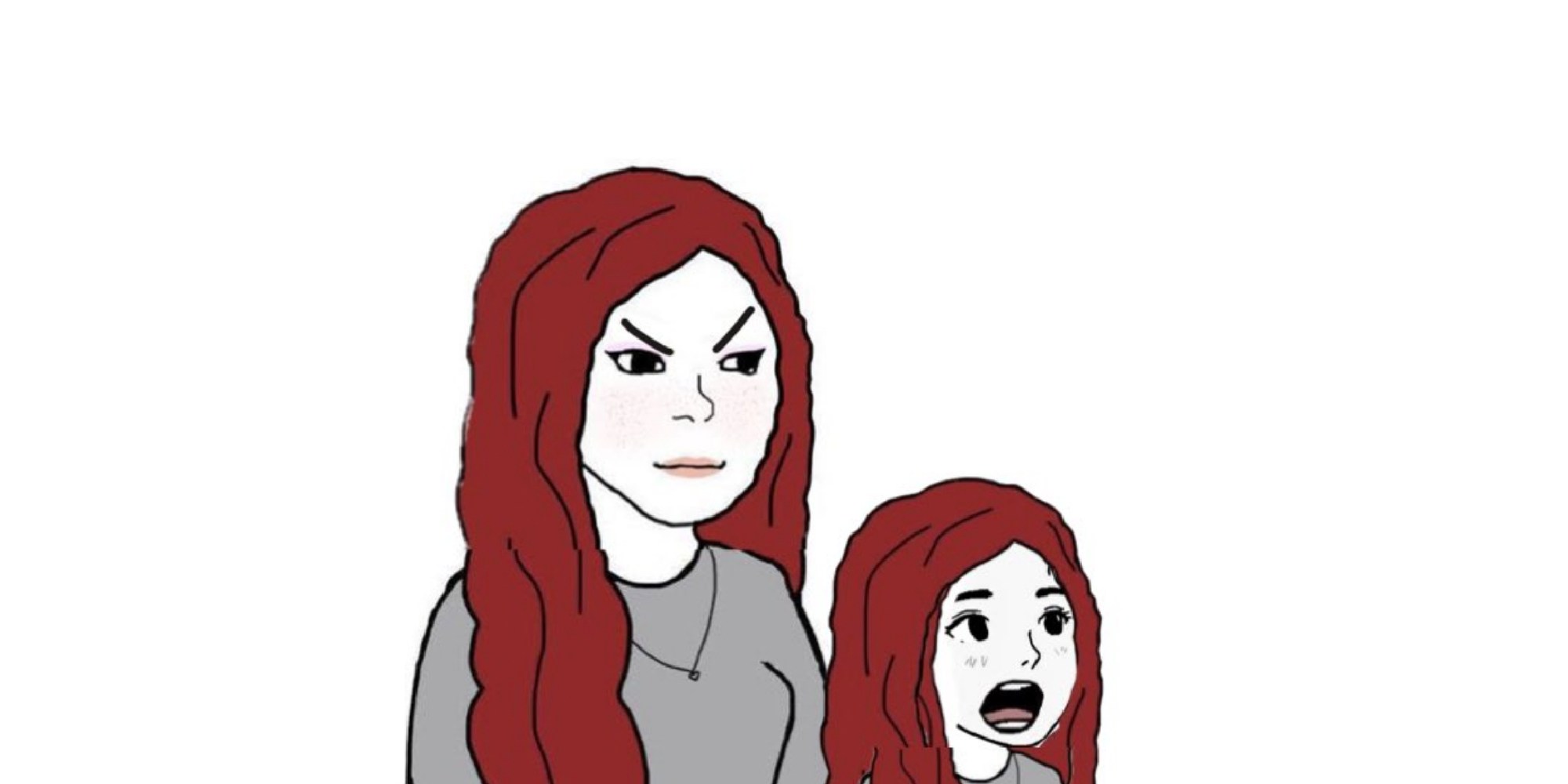 An illustration of a woman and child, both with long reddish brown hair.