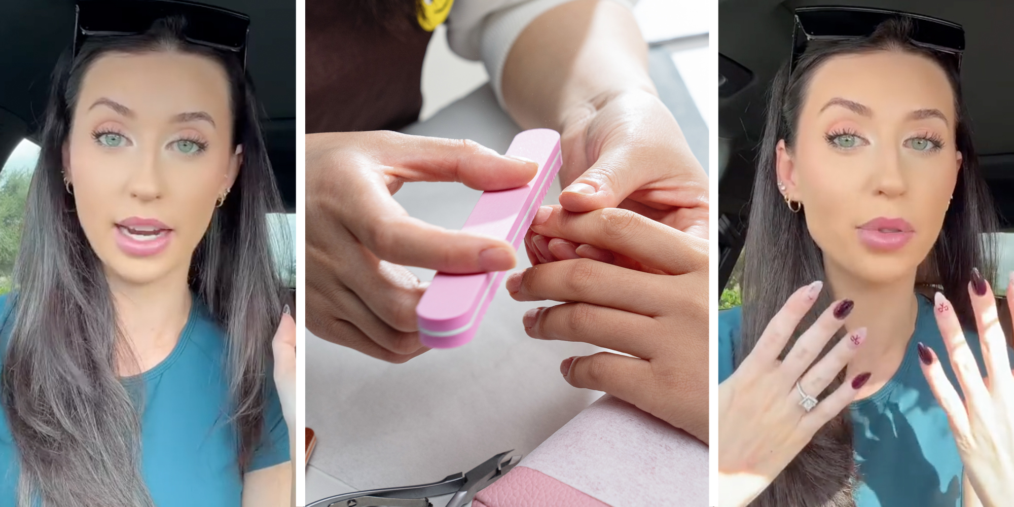 Woman talking(l), Hands filing other hands nails(c), Woman showing off nails(r)
