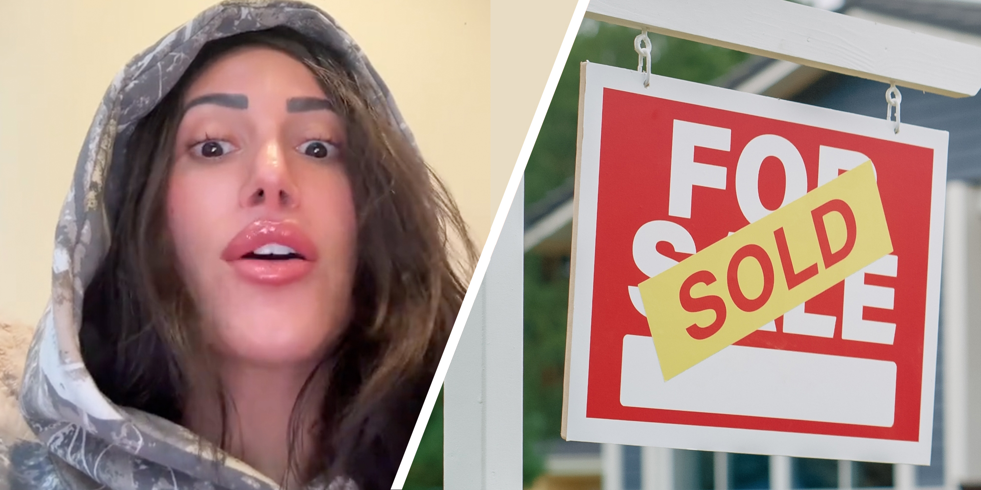 Woman talking(l), For sale sign that says sold(r)