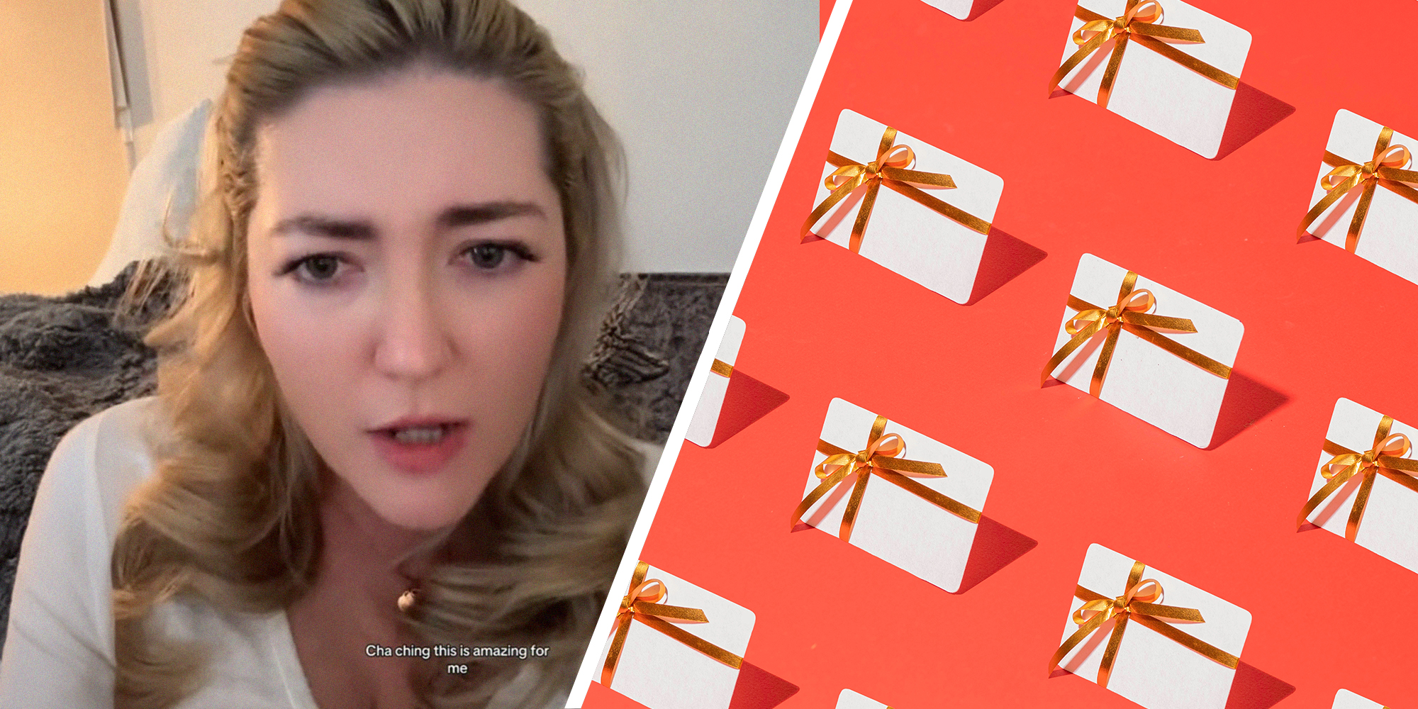 woman shares what she learned from Gift Cards(l) Gift Card Pattern with Peach Color Background(r)