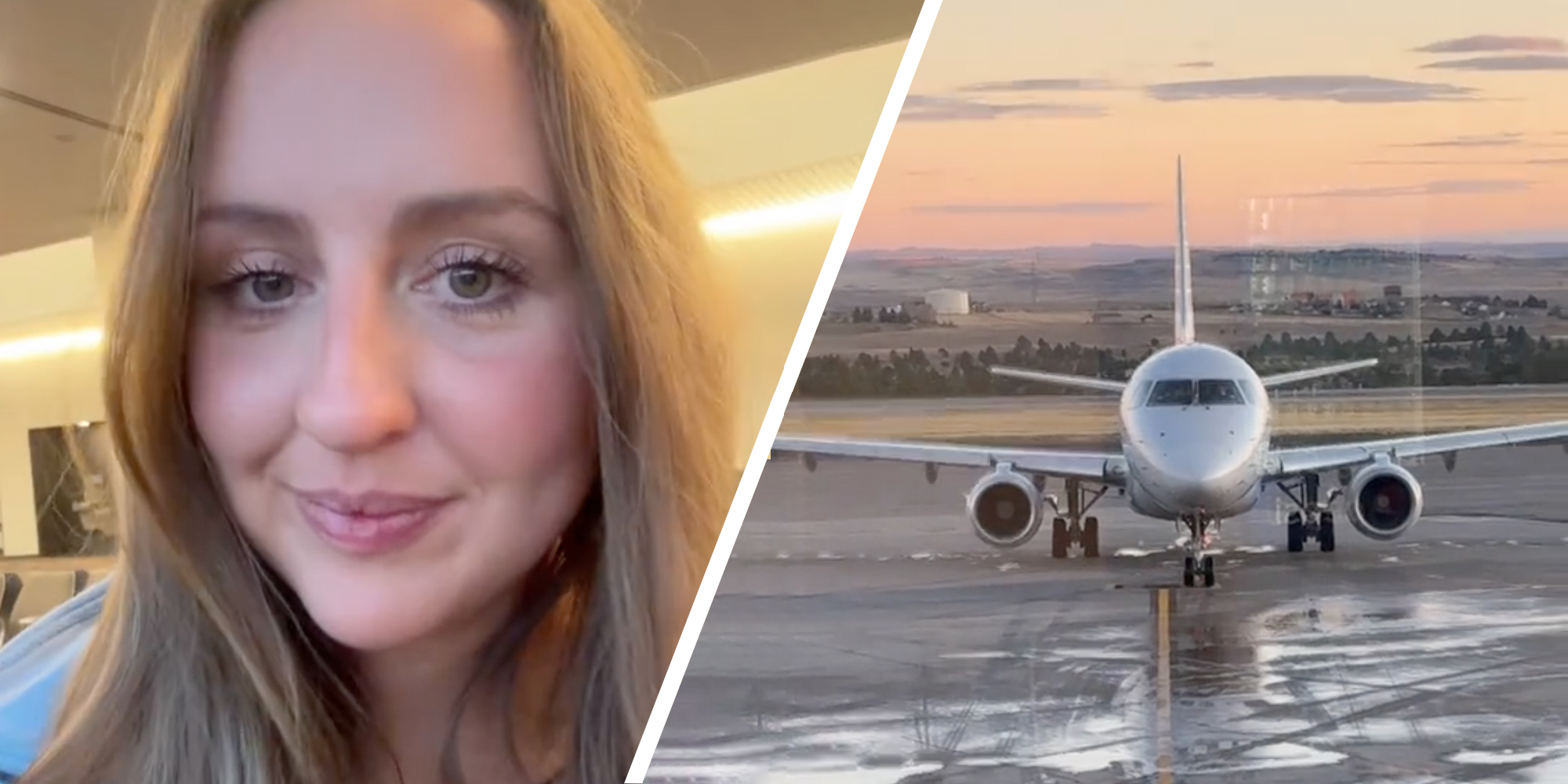 Woman talking(l), Airplane on tarmac(r)