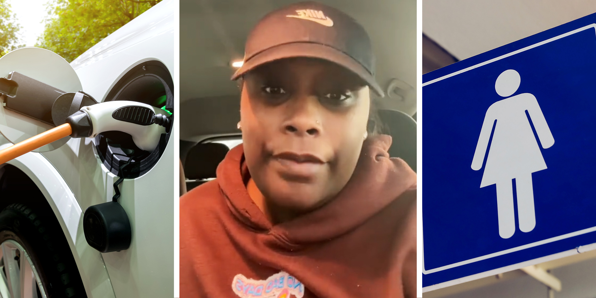 Electric car charging(l), Woman talking(c), Bathroom sign(R)