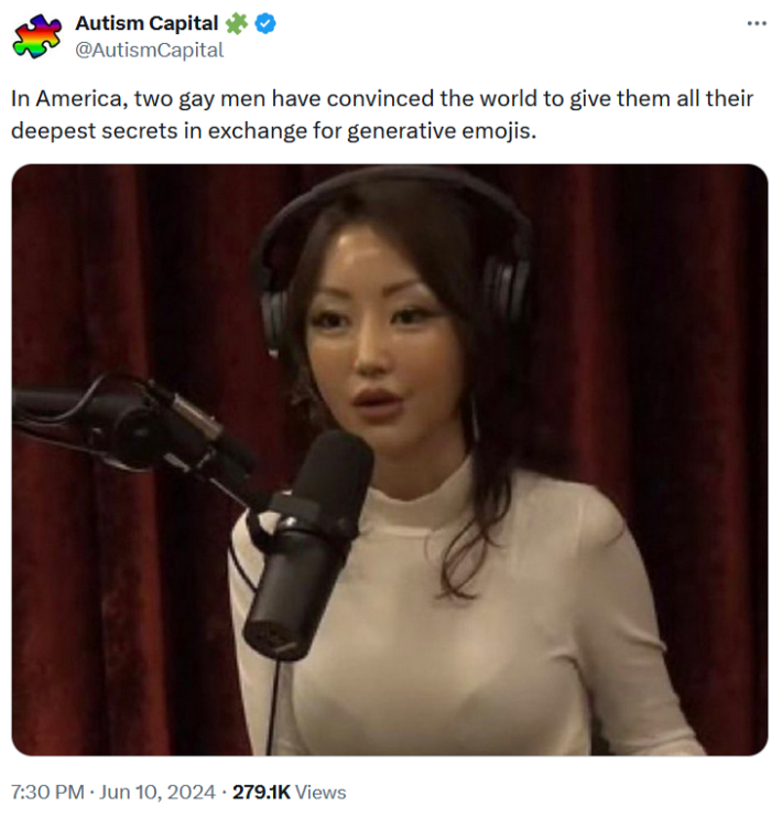 Tweet with an image of a woman on a podcast reading "In America, two gay men have convinced the world to give them all their deepest secrets in exchange for generative emojis."