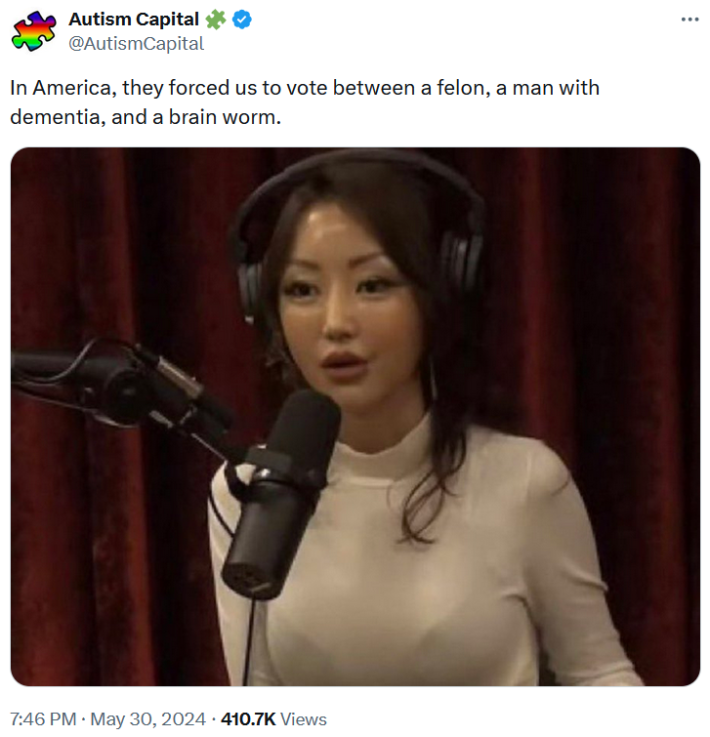 Tweet with an image of a woman on a podcast about the 2024 U.S. election.