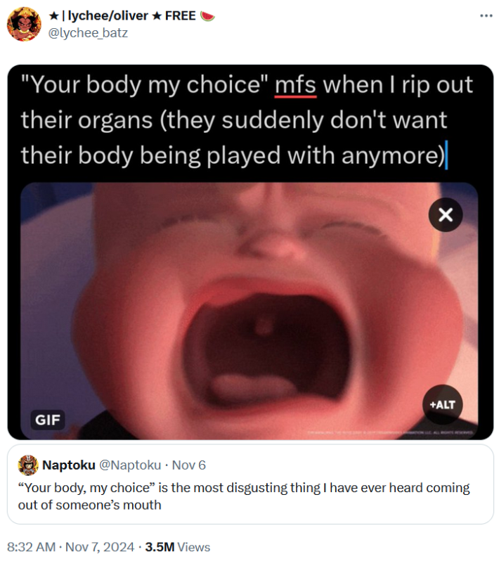 Tweet with a gif of a baby crying reading "'Your body my choice' mfs when I rip out their organs (the suddenly don't want their body being played with anymore)."
