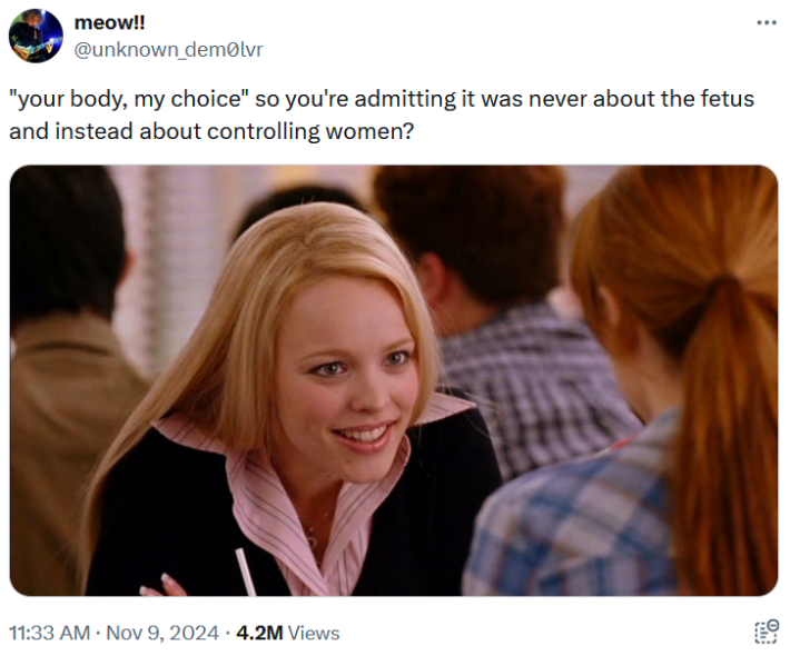 Tweet reading "'your body, my choice' so you're admitting it was never about the fetus and instead about controlling women?"