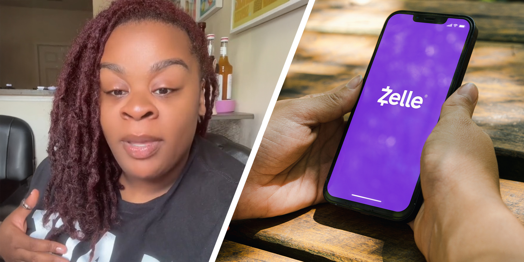 Woman sharing her Zelle Experience on TikTok(r) Person holding phone with Zelle Logo on display(r)