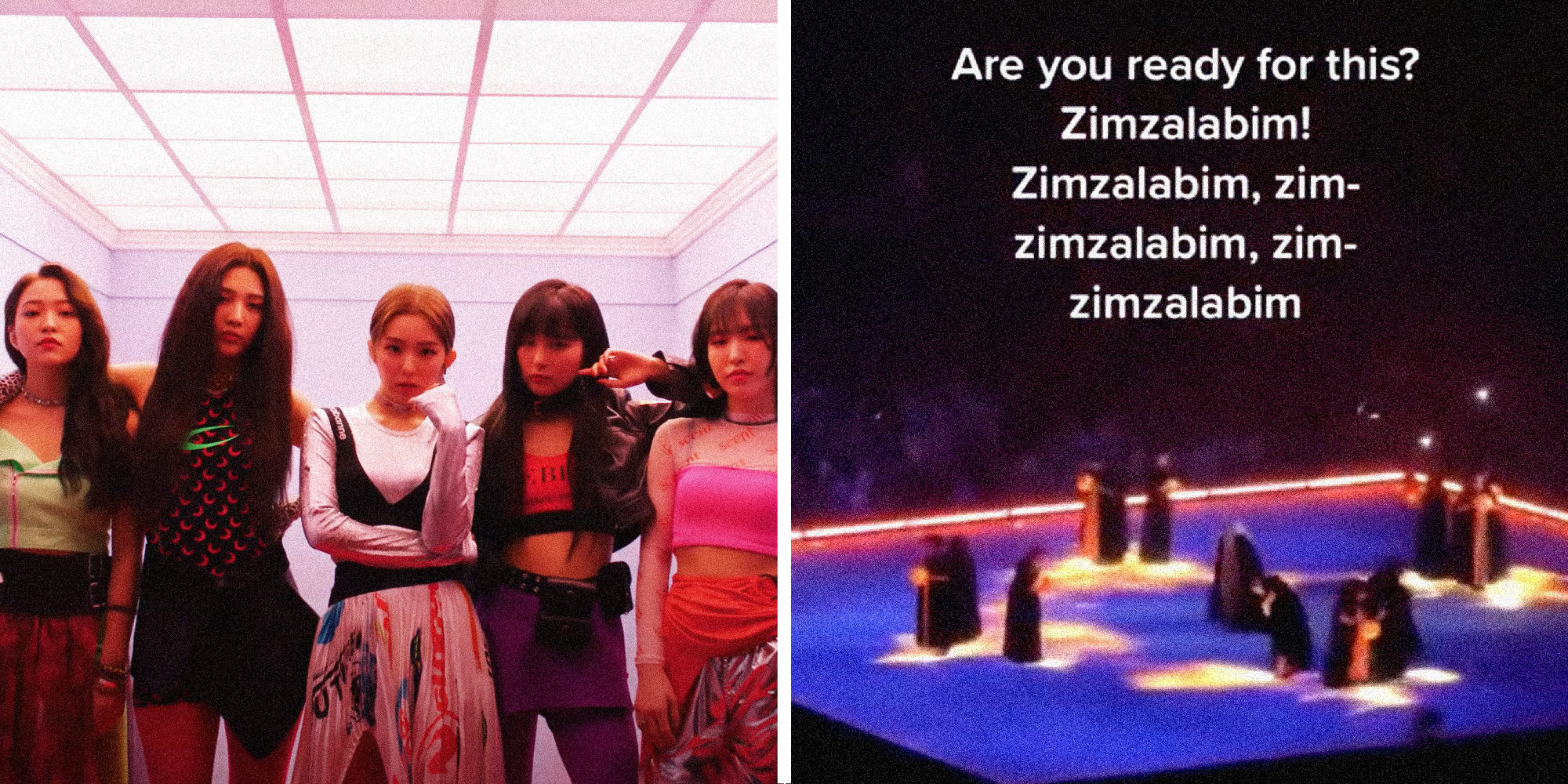 Two panel image. On the left is the KPop group Red Velvett standing in a bright room. On the right is a blurry image of a stage with figures in black cloaks.