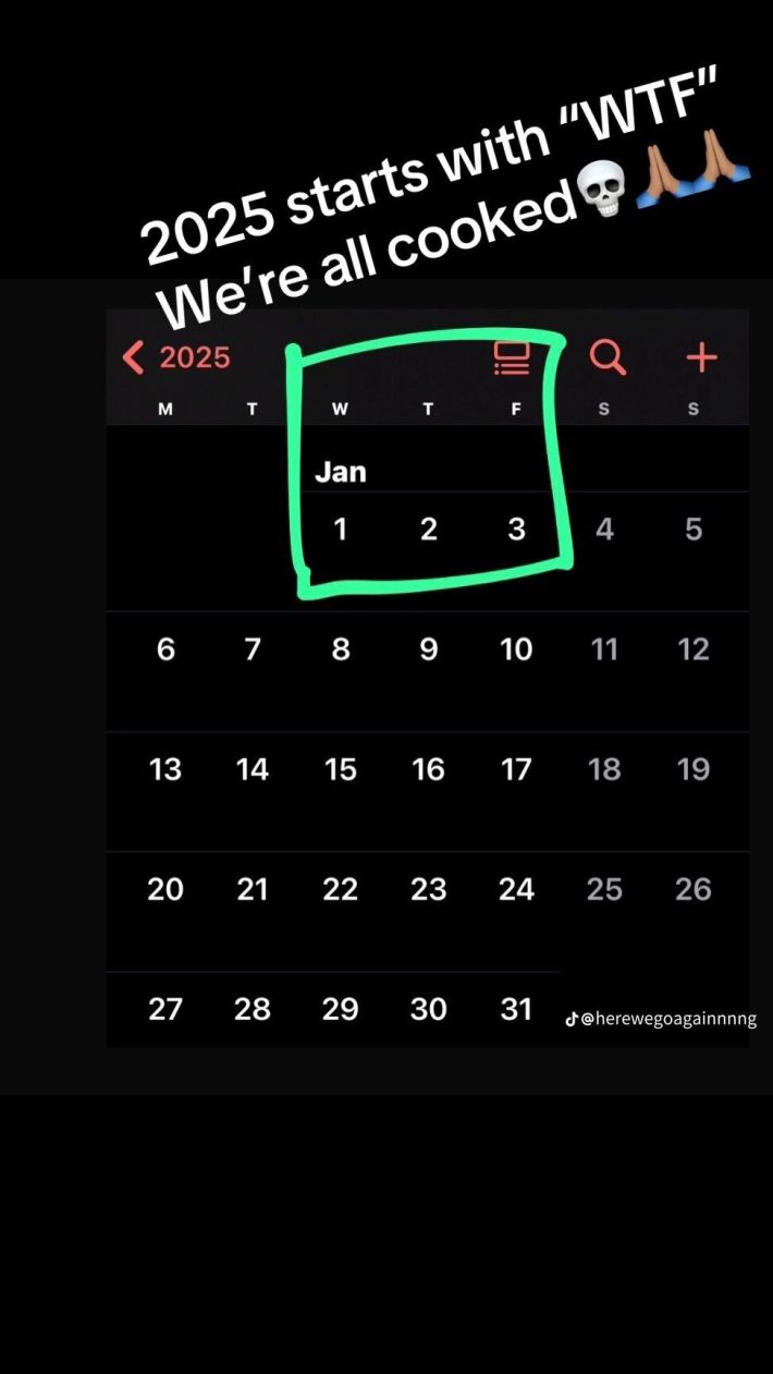 New year memes, text reads, "2025 starts with 'WTF' We're all cooked (skull and prayer emojis)" with the first three days on the calendar circled.