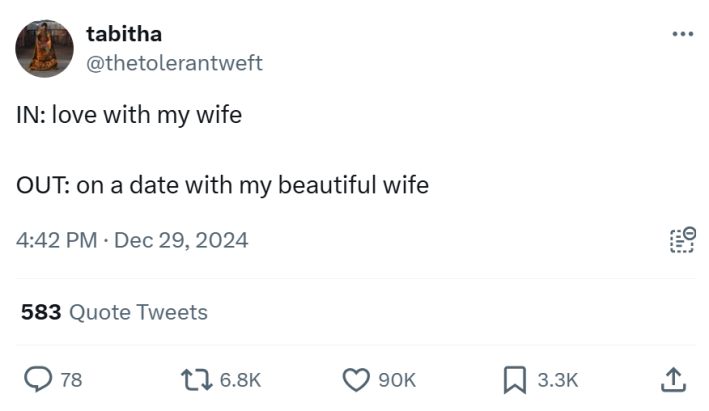 New year memes, text reads, "IN: love with my wife OUT: on a date with my beautiful wife"