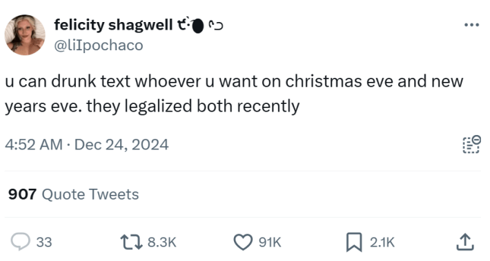 New year memes, text reads, "u can drunk text whoever u want on christmas eve and new years eve. they legalized both recently"