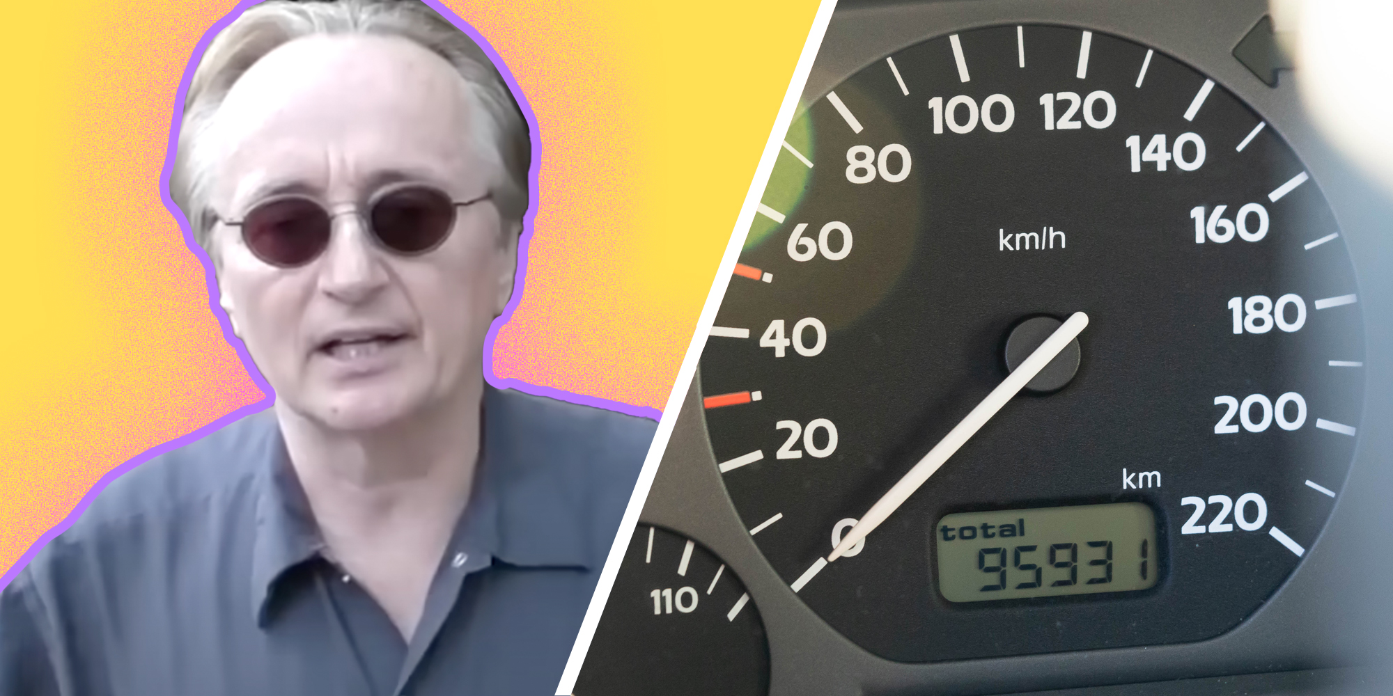 Man talking(l), Car speedometer and mileage