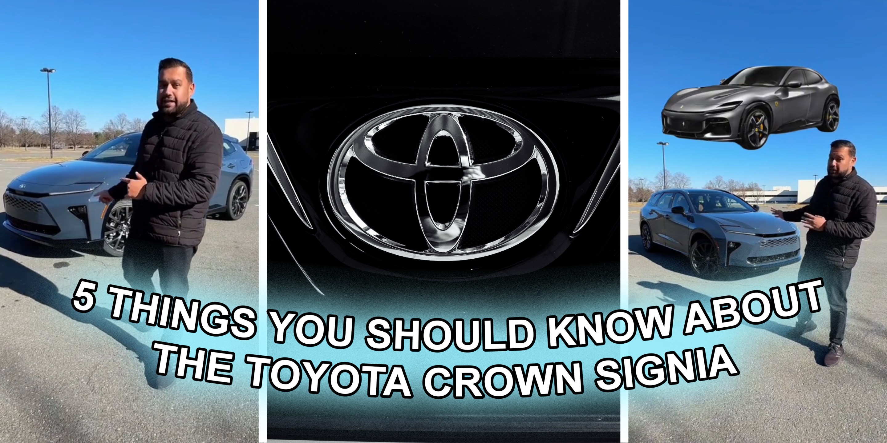 3 panel image: On the sides a person explains, in the middle is the Toyota logo. Text over says, "5 things you should know about the Toyota Crown Signia".