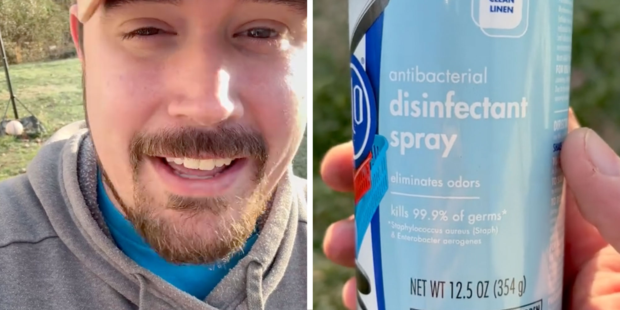 two panel design with a man looking at the camera with a smile on his face, next to a can o disinfectant spray